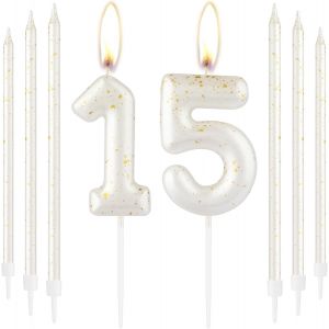 Bougie Dor&eacute;e Blanche Et Dor&eacute;e En Forme De Chiffre 15 Pour G&acirc;teau D'anniversaire,D&eacute;coration De G&acirc;teau D'anniversaire De Mariage Pour Gar&ccedil;ons Et Filles - Neuf