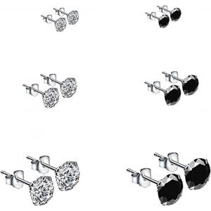 6 Paires Boucles D'oreilles En Argent 925 Femme Boucles D'oreilles Argent Et Noir Boucles D'oreilles Homme Avec Zircon 4-6mm Clous D'oreilles Boucles D Oreilles Pour Femme Homme Fille - Neuf
