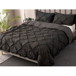 Ensemble De Literie 3 Pi&egrave;ces En Microfibre Noire &Agrave; Plis Piqu&eacute;s, Pour Lit Double. - Neuf