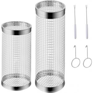 LETNERNY-Paquet De 2 Paniers À Grillades Roulants, Panier À Grillades En Acier Inoxydable Avec Fourchette, Pour Grillades De Camping Et De Terrasse Gratuites, Pour Légumes, Frites, Poissons (20 Cm + - Neuf