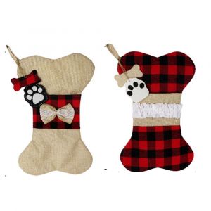 2pcs Animal De Compagnie Chien De No&euml;l, Des Bas, De La Toile De Jute &Agrave; Carreaux Grand Os Sh - Neuf