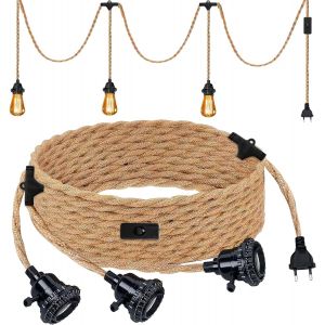 Ulteronixshop-Douille De Lampe E27 6.8m, Suspendue Lustre Corde, Douille E27 Interrupteur, 3 Douille Fil Electrique Lustre Corde De Chanvre C&acirc;ble Vintage Pour Maison, Chambre, Bar - Neuf