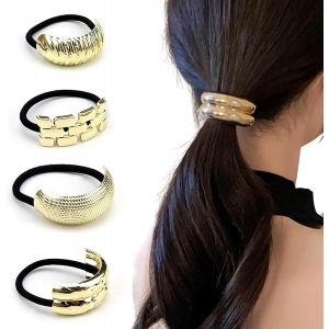 Kal-4 Pi&egrave;ces Attache Cheveux, Alliage De Zinc Corde &Agrave; Cheveux, &Eacute;lastique Bijoux Cheveux Dor&eacute;, 4 Styles, &Eacute;lastiques &Agrave; Cheveux Queue De Cheval Dor&eacute;es, Pour Vie Quotidienne, Sport Et &Eacute;tudes - Neuf