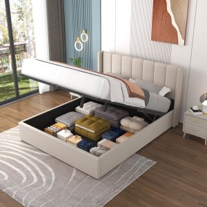 Lit design avec coffre de rangement 140x190cm en velours beige ARLINGTON - Neuf