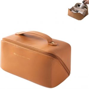 Trousse de toilette pour femme, grande capacité, trousse de maquillage en PU imperméable, trousse de voyage, organiseur de cosmétiques pour hommes et femmes (marron) - Neuf
