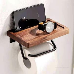 Porte-papier toilette avec étagère en noyer noir pour salle de bain,Porte-mouchoir en papier toilette mural - Neuf