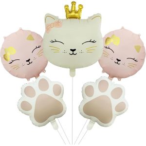 Chicslick-Lot De 5 Ballons Décoratifs En Forme D'animaux, Taille Xxl, Ballons En Aluminium, Animaux, Chats, Décoration D'anniversaire, Pour Fille, Crème Rose, Couronnes Et Chats, Pour Fête A[X600] - Neuf
