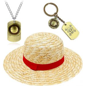 PATA-3 PCS Casquette Pirate en Paille,Porte-clés chapeau de pirate Collier,One P Chapeau de paille,Chapeau de Soleil,Casquette Pirate en Paille,Porte-clés Pirates,pour Cosplay Anime Manga - Neuf