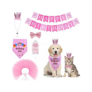 Ensemble De Fournitures De F&ecirc;te D'anniversaire Pour Chien Rose Avec Bandana, Banni&egrave;res, Couronne, Noeud Papillon, Jupe Tutu Et D&eacute;coration De G&acirc;teau - Neuf