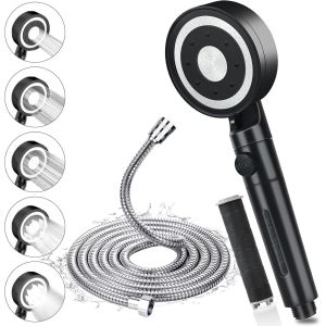 KAL-Pommeau De Douche Haute Pression, Pommeau De Douche Avec Tuyau 2M En Acier Inoxydable 304, Pommeau Douche Économie D'Eau Anti Calcaire, Douchette Douche Filtrant Avec 5 Modes De Jet, Chrome, Noir - Neuf