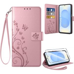 KAL-Coque Pour Samsung Galaxy S25 5G + 1 Verre Tremp&eacute;, Retro Design Housse Premium En Cuir Pu Pochette De Portefeuille Pour Porte Cartes Fonction Stand Flip Etui Pour Samsung S25, Gold - Neuf