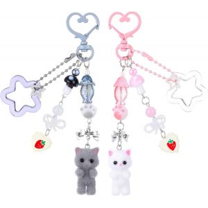 KAL-Y2K Lot De 2 Porte-Clés En Peluche Avec Pendentif En Forme De Chat Mignon Avec C?ur Et Étoile Pour Les Amoureux Des Chats, Petite Amie, Femme, Rose, Gris., 13 Cm - Neuf