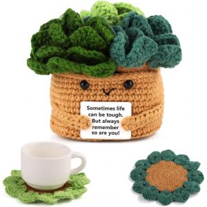 ERYI-Pot De Fleurs Positif, Fleur Crochet Fleur Positive Message Positif Crochet Soutien &Eacute;motionnel Avec 6 Sous-Verres Au Crochet Pour D&eacute;coration De F&ecirc;te Cadeau Encourageant - Neuf