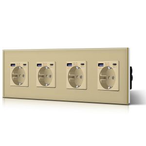 Schuko Interrupteur d'éclairage, prise, encastré, 1 compartiments, 1 voie, prise 3-en-1, puissance de charge USB 2,1 A, adaptateur de type C, station de charge, rallonge en verre, 157 mm, gris - Neuf