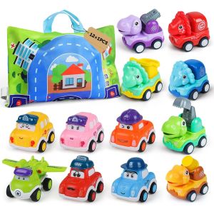 KAJGL-Petite Voiture Enfant 1 2 Ans,12 Pi&egrave;ces Bebe Mini Jouet Voiture Avec Sac De Rangement,Jeux &Eacute;ducatifs Camion Pour 12-18 Mois,Friction V&eacute;hicules Cadeaux Pour Gar&ccedil;ons Et Filles - Neuf