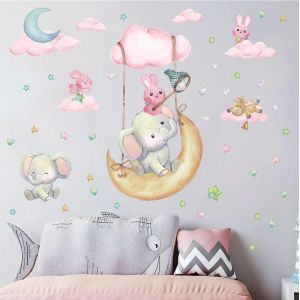 Autocollant Muraux Animal,Sticker Mural &Eacute;toiles Et Nuages,Sticker Muraux Animaux De Chambre Fille,Autocollant Mural &Eacute;l&eacute;phant,Rose Stickers Mural Pour Chambre De D'enfant/B&eacute;b&eacute; Salon D&eacute;coration - Neuf