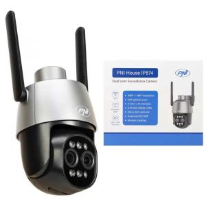 Cam&eacute;ra de vid&eacute;osurveillance PNI House IP574 avec Wi-Fi, PTZ, double objectif 4MP + 4MP, zoom optique 10x, IP65 - Neuf