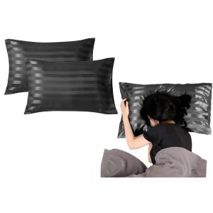 Taies d'oreiller en satin &agrave; rayures noires - Lot de 2, fermeture portefeuille, polyester doux, 51 x 76 cm - Neuf