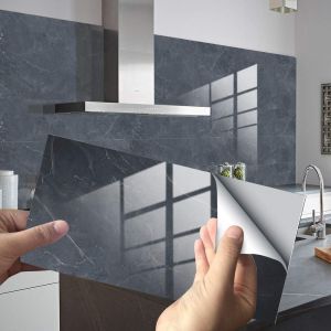 (Anthracite, 16 pièces, 30 x 15 cm) Autocollants décoratifs rectangulaires pour carrelage de salle de bain et de cuisine, mosaïque à motif de marbre 3D, décoration adhésive imperméable - Neuf