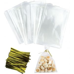 Mevronisshop-200 Pi&egrave;ces Sachet Plastique Transparent Bbonbon, 15x20cm Sachet Transparent Bonbon, Sachet Biscuit Transparent Avec Liens Torsad&eacute;s, Sachet Plastique Bonbon Convient Pour Biscuits Bonbons - Neuf