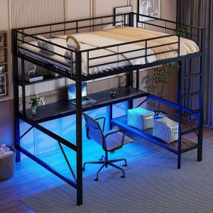 Lit mezzanine 140x200 cm garde-corps escabeau avec usb et prise &eacute;clairage d'ambiance t&eacute;l&eacute;command&eacute; bureau &eacute;tag&egrave;re &agrave; plusieurs niveaux m&eacute;tal noir - Neuf