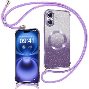 TRAHOO-Couqe Magn&eacute;tique pour iPhone 16 Con Cordon, Compatible avec MagSafe, Brillant Glitter Paillet&eacute; Antichoc Durable R&eacute;sistante Etui pour iPhone 16 Bumper, Violet - Neuf