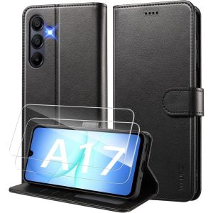 JGD-Coque pour Samsung Galaxy A17 4G/5G Etui Coque avec 2 Verre Tremp&eacute; Porte Carte Clapet &agrave; Rabat Portefeuille Cuir Case Housse Protection Flip Cover &Eacute;tui,Noir - Neuf