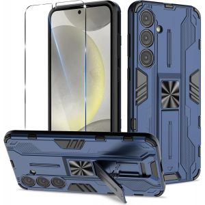 Kal-Coque Pour Samsung Galaxy S24 Plus Avec Verre Trempé, Outdoor Antichoc De Qualité Militaire Coque Avec Béquille Anti Rayure, Compatible Support De Voiture Magnétique, Bleu - Neuf