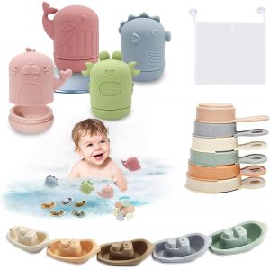 ERYI-Set De 15 Jouets De Bain, Jouets De Bain Jouets À Presser Sensoriels Avec Bateaux Empilables Et Cuillère, Jouets Pour Plage Ou Plein Air, Animaux Jouets Flottants, Jouets Baignoire, Pour 1 2 3 A - Neuf