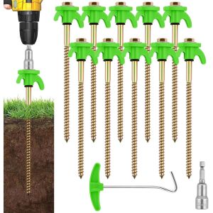 Piquets De Tente &Agrave; Visser,20,5 Cm Piquets De Sol Robustes Avec Filetage,Piquet En Acier En Metal,Antirouille,Avec Foret Hexagonal Et Crochet En T,Pour Jardin Camping Sol Dur,Vert - Neuf