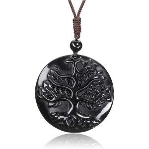 Pendentif Arbre De Vie En Obsidienne - Cha&icirc;ne R&eacute;glable - Gu&eacute;rison Reiki - Collier Porte-Bonheur - Bijou Pour Homme Et Femme, Gemme, Obsidienne - Neuf
