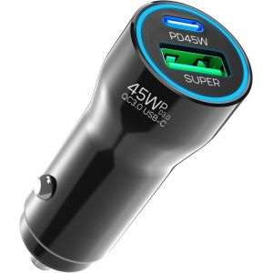 JGD-Chargeur Voiture USB C, [PD 45W & USB A 30W] Chargeur Allume Cigare Prise Allume Cigare 12V Charge Rapide pour Samsung Galaxy S25 Ultra S24 S23 FE A17 A16, pour iPhone 17 Air 16 15 14 13 12 11 Pr - Neuf