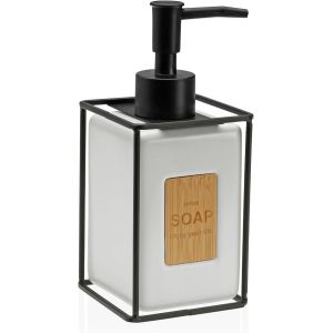 KAL-Distributeur De Savon De Cuisine Carré En Céramique Avec Support En Métal Noir U2013 Distributeur Moderne Pour Salle De Bain Ou Cuisine U2013 Design Avec Insert En Bambou (Blanc) - Neuf