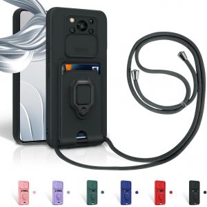 Kal-Cordon De Coque Pour Xiaomi Poco X3/X3 Pro/X3 Nfc,Couvercle Coulissant De La Caméra+Support Annulaire À 360 Degrés,Fentes Pour Cartes Lanyard Silicone Case -Noir - Neuf