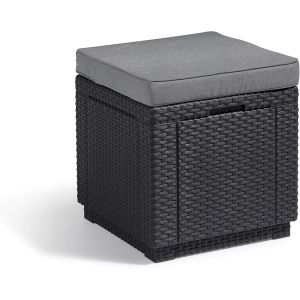 Ulteronixshop-Allibert by Tabouret Cube avec Espace de Rangement, Gris, avec Coussin, Couvercle Amovible, Aspect rotin Plat, r&eacute;sistant aux intemp&eacute;ries, 42 x 42 x 39 cm - Neuf