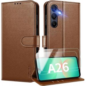 Kal-Coque Pour Samsung Galaxy A26 5g Coque Etui Portefeuille Cuir Avec 2 Verre Trempé Protection Écran Porte Carte Rabat Clapet Flip Case Étui Cover Housse Etui Pour Samsung Galaxy A26 5g,Marron - Neuf