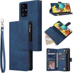 Kal-Samsung Galaxy A51 4g Premium Vintage Pu Leather Handbag Zipper Pocket Case Kickstand Card Slots With Wrist Strap - Neuf