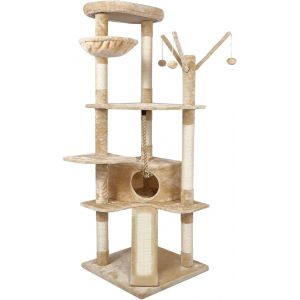 Arbre &Agrave; Chat, Arbre A Chat Hauteur 167cm,Tour De Jeux Pour Chats Avec 4 Poteaux &Agrave; Griffer,2 Plateformes,1 Niche,1 Hamac,3 Pompons,1 Planche &Agrave; Griffer,En Tissu Peluche,Multi-Niveaux,Beige - Neuf