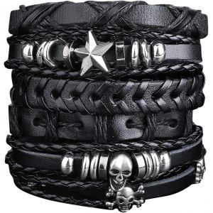 Tianyi-6 Pi&egrave;ces Bracelet Cuir Homme Bracelets Large Tress&eacute; Pour Homme Bracelet Cr&acirc;ne Punk Rock Noir Ensemble Bracelet De Manchette Tress&eacute; Pour Femme Vintage Longueur R&eacute;glable Halloween - Neuf