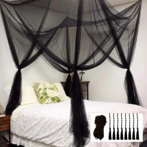 Kal-Moustiquaire Pour Ciel De Lit, 4 Rideaux D'angle, Ciel De Lit Élégant, Crochet Et Corde Professionnelle Pour Filet, Moustiquaire, Rideaux Plein/Grand Lit/Très Grand Lit, Noir¿ - Neuf