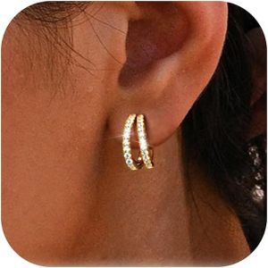 Meimie-Boucles D'oreilles Double Anneau En Argent 925,Plaquées Or 14 Carats,Boucles D'oreilles Ouvertes Avec Zircone,Petites Créoles Hypoallergéniques Pour Femmes Et Filles,14mm,Argent/Or. - Neuf