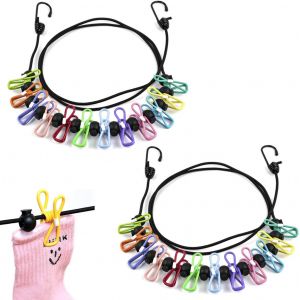 KALANKA-2 Pi&egrave;ces Corde &agrave; Linge de Voyage, Portable Corde a Linge Camping avec 12 Pinces et Boucles de Positionnement, R&eacute;tractable Corde &agrave; Linge Ext&eacute;rieure, pour Les Voyages en Plein Camping Interieur - Neuf
