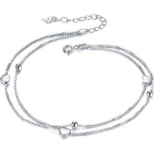 Kal-Femme Coeur Bracelets De Cheville En Argent 925, 2 Couches Chaîne, Plage, Sandale Réglable 22+4cm Anklet - Neuf