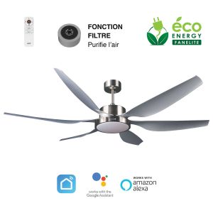 Fanelite - Ventilateur de plafond 168 cm gris HUAHINE - Moteur DC 55W - LED 22W dimmable 3 couleurs - Tr&egrave;s silencieux + PURIFICATEUR D'AIR INCLUS - Neuf