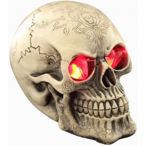 Modèle de Crâne Humain en Résine Tête de Mort Réaliste Figurine de Crâne avec Motif Fleur Artistique Crâne de Decoration avec Yeux Brillants Ornement Accessoire d'halloween Gothique Bar Maison Hantée - Neuf