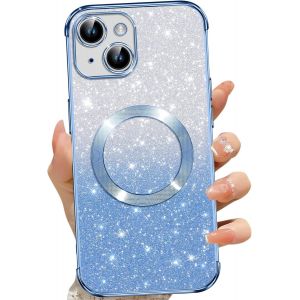TRAHOO-Coque Magn&eacute;tique pour iPhone 14, Etui &agrave; Paillettes Compatible avec MagSafe, Antichoc Charge sans Fil Housse pour iPhone 14, avec 2 Verre Tremp&eacute;, Bleu - Neuf
