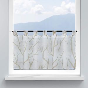 Rideau Brise Bise Transparent À Passants Impression De Branches Voilage De Petite Fenêtre Simple Et Naturel 1 Pièce Blanc Sable H/L 45/120cm - Neuf