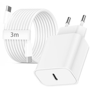 KALANKA-20W Chargeur USB C Charge Rapide avec C&acirc;ble USB C 3 m&egrave;tre pour Apple iPhone 17 16 15 Plus Pro Max/iPad/Air/MacBook,Adaptateur Prise usb-c Chargeur Rapide iPhone et Nylon Cable USBC vers usbc - Neuf