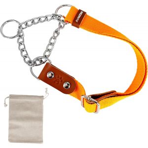 Kal-Martingale Collier Semi Etrangleur Pour Chien Avec Chaîne Et Cuir. Anti Traction. M. Orange & Cognac - Neuf