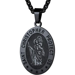 Kal-M&eacute;daille Saint Christophe Femme Homme Pendentif St Patrons Catholique Religieux Collier Amulette De Protection Plaqu&eacute; Or/Noir/Acier Inoxydable Bijoux Porte Bonheur (Bo&icirc;te Cadeau) - Neuf